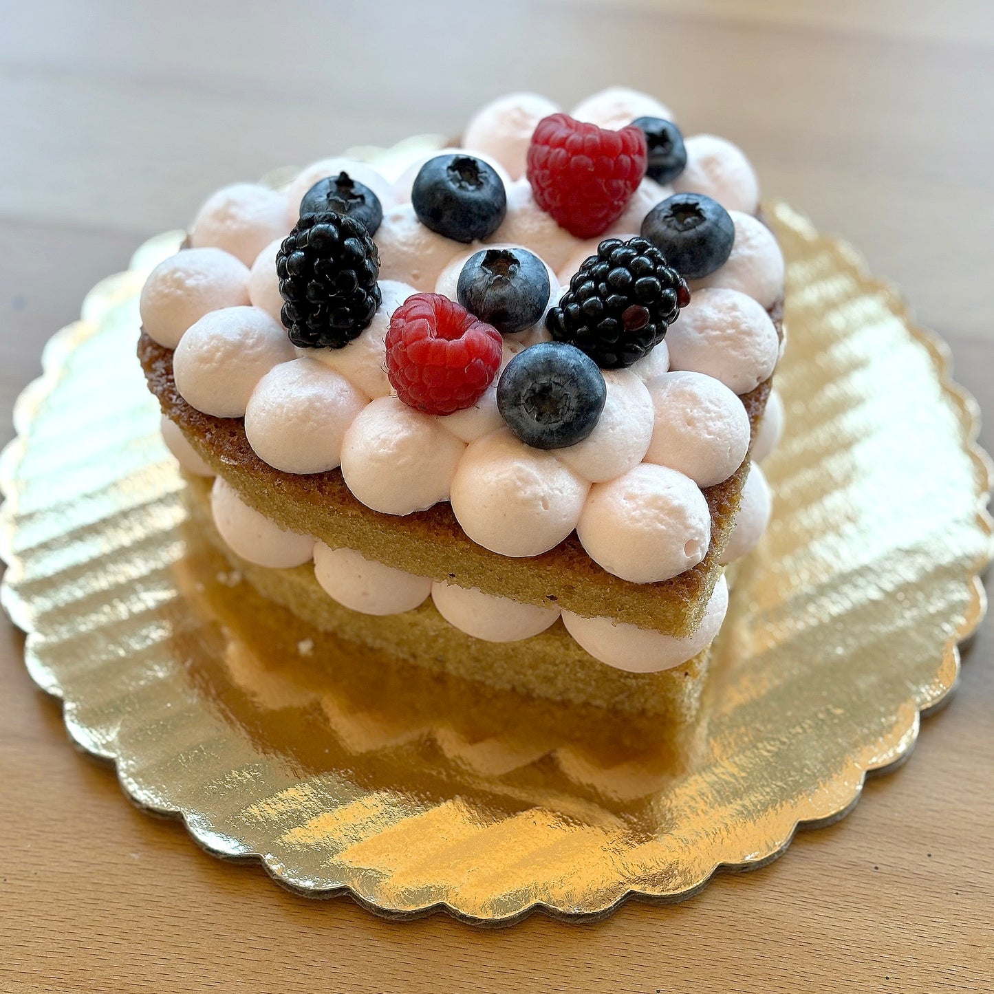 Heart Shaped Mini Cake Vanilla Fresh Fruit with Strawberry Whipped Cream